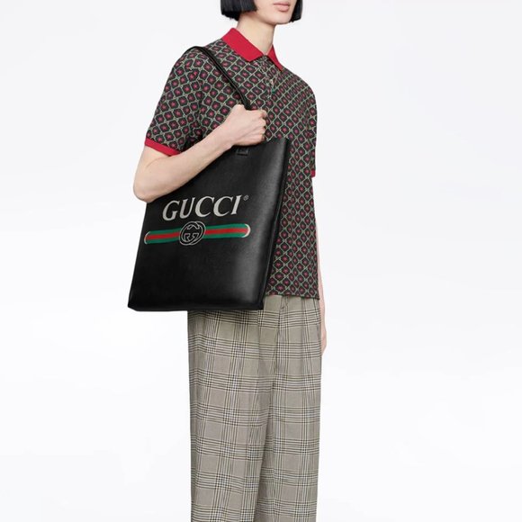 Gucci Logo Print Leather Tote Bag in Black NEW WITH DUST BAG - Picture 4 of 9
